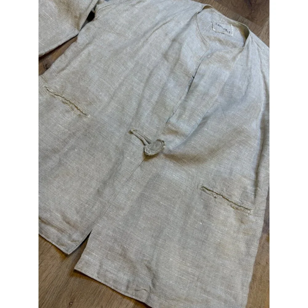 Vintage Tamiko Linen Overcoat Tunic Jacket Stitching Detail Minimilist Lagenlook